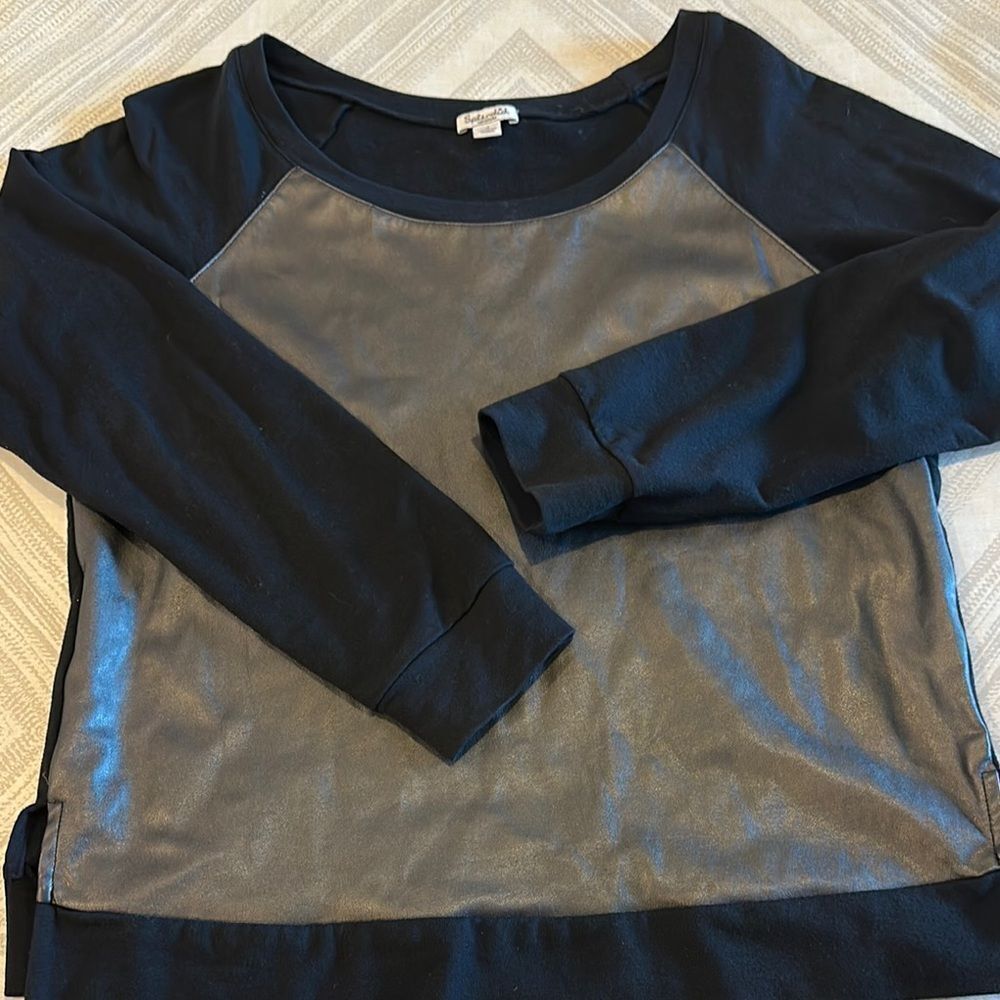 Splendid Women’s Black and Gray Faux Leather Long Sleeve Sweatshirt - Size M